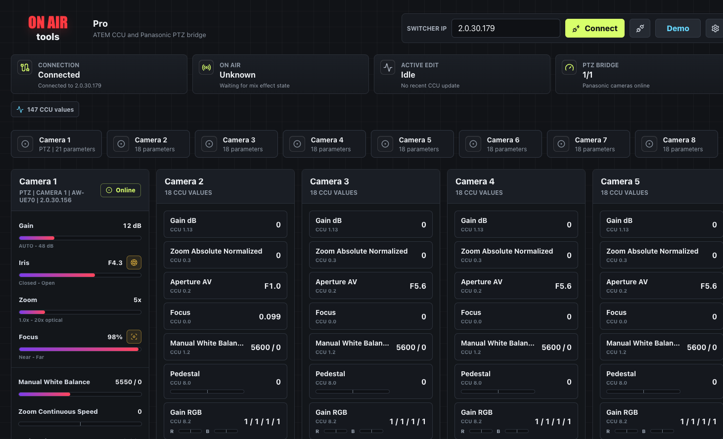 Screenshot aplikace ON AIR tools Pro pro ovladani ATEM CCU a Panasonic PTZ kamer